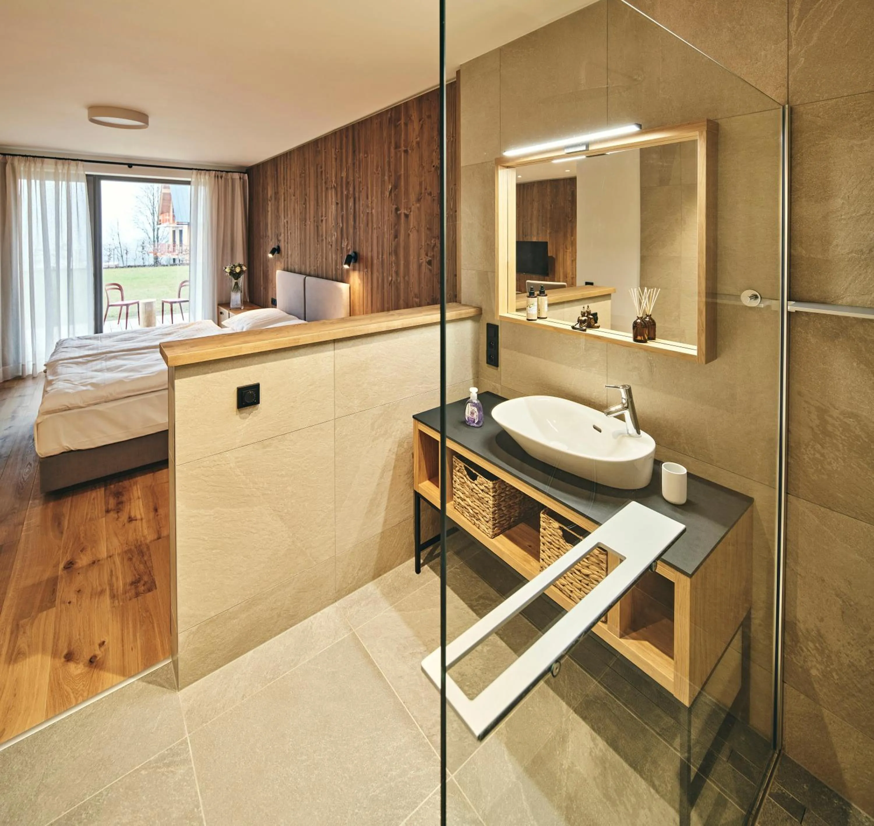 Bathroom, Bed in Aldrov Resort