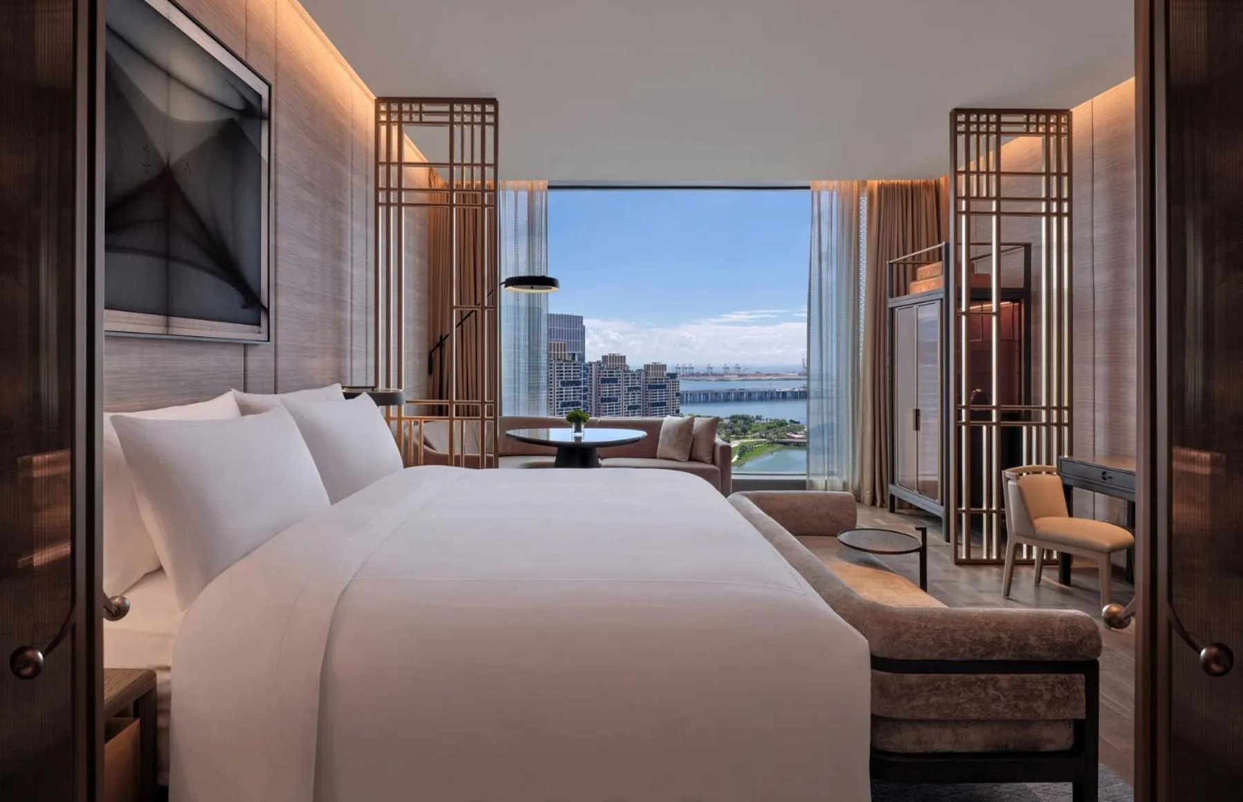 Bedroom, Bed in Conrad Shenzhen, the first art museum hotel in Greater Bay Area with the stunning bay and sunset view in the hotel terrace
