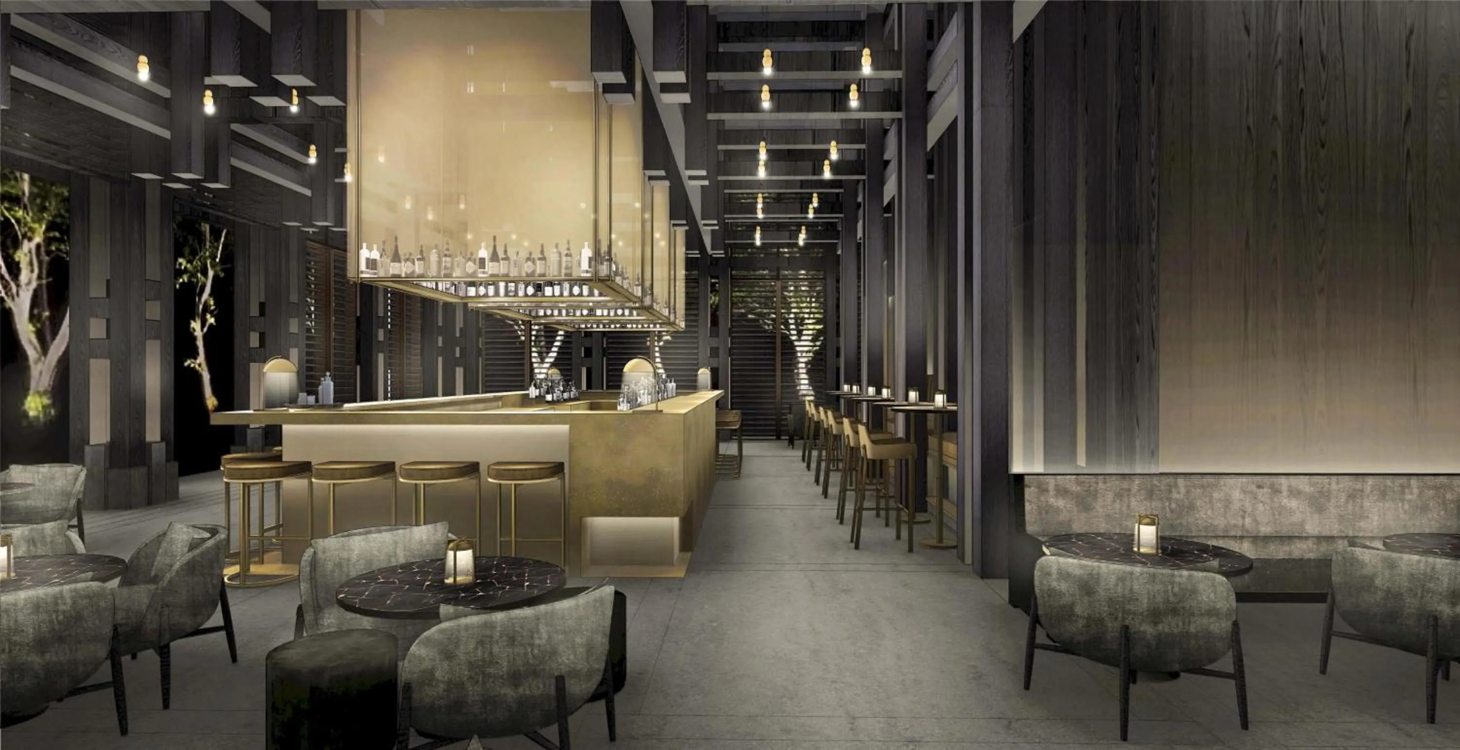 Lounge or bar in Conrad Shenzhen, the first art museum hotel in Greater Bay Area with the stunning bay and sunset view in the hotel terrace