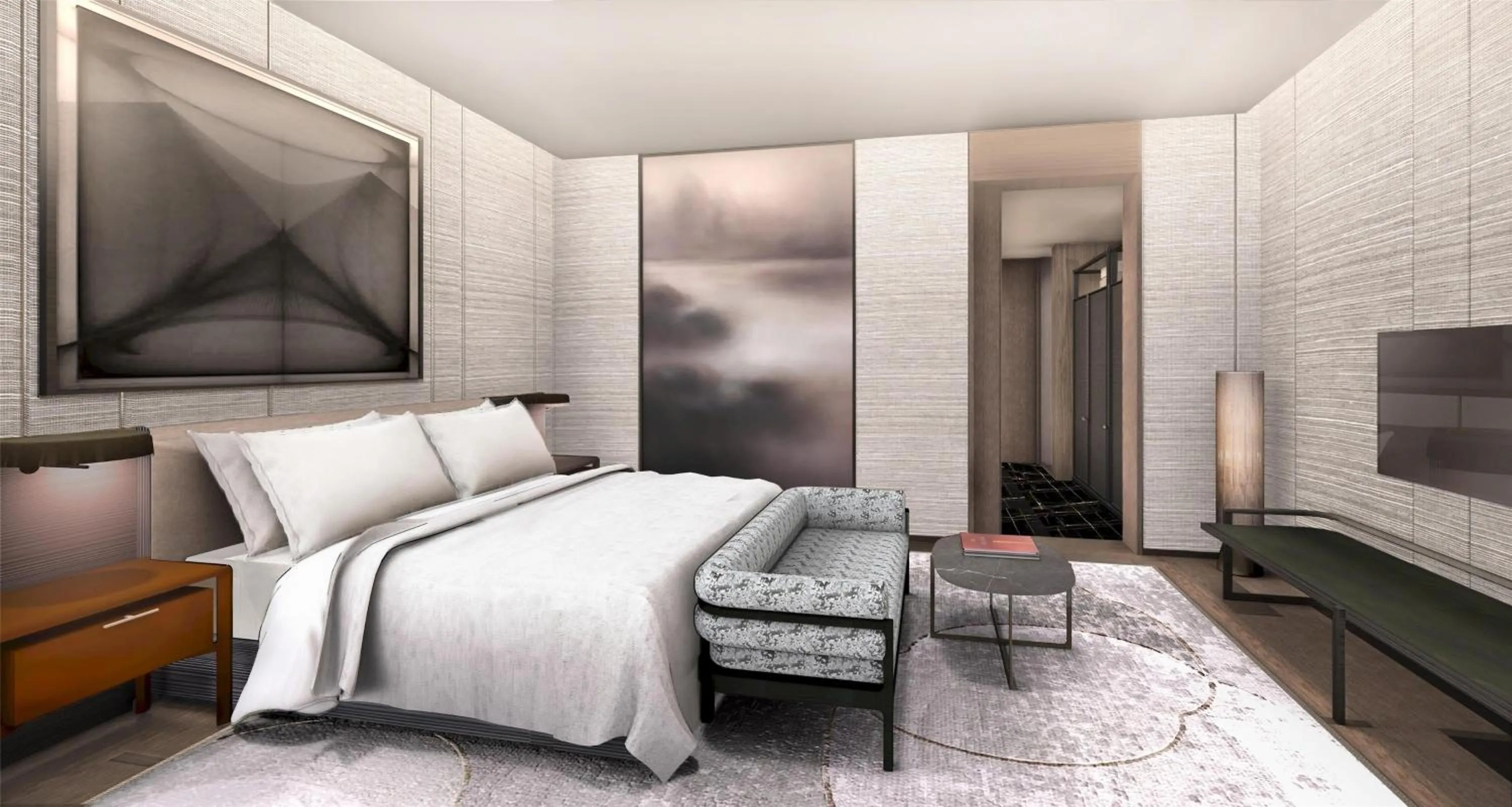 Bedroom, Bed in Conrad Shenzhen, the first art museum hotel in Greater Bay Area with the stunning bay and sunset view in the hotel terrace