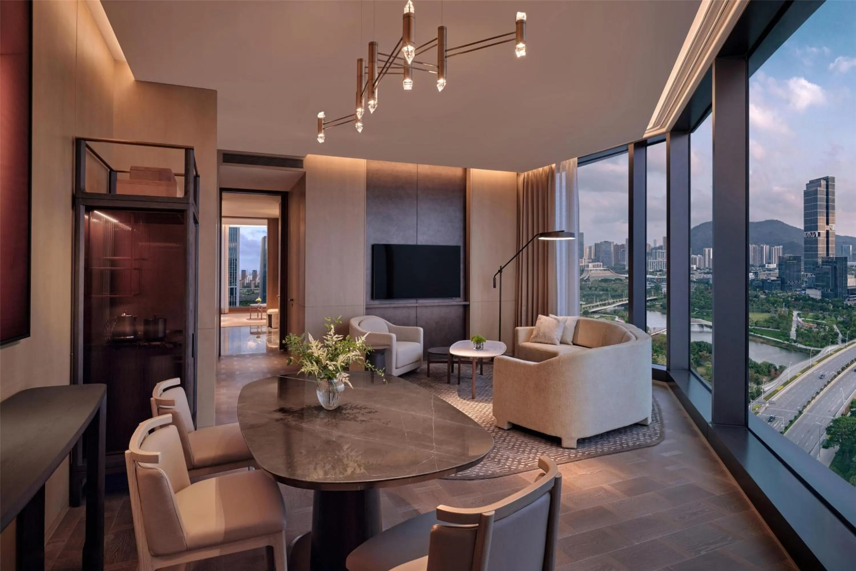 View (from property/room) in Conrad Shenzhen, the first art museum hotel in Greater Bay Area with the stunning bay and sunset view in the hotel terrace