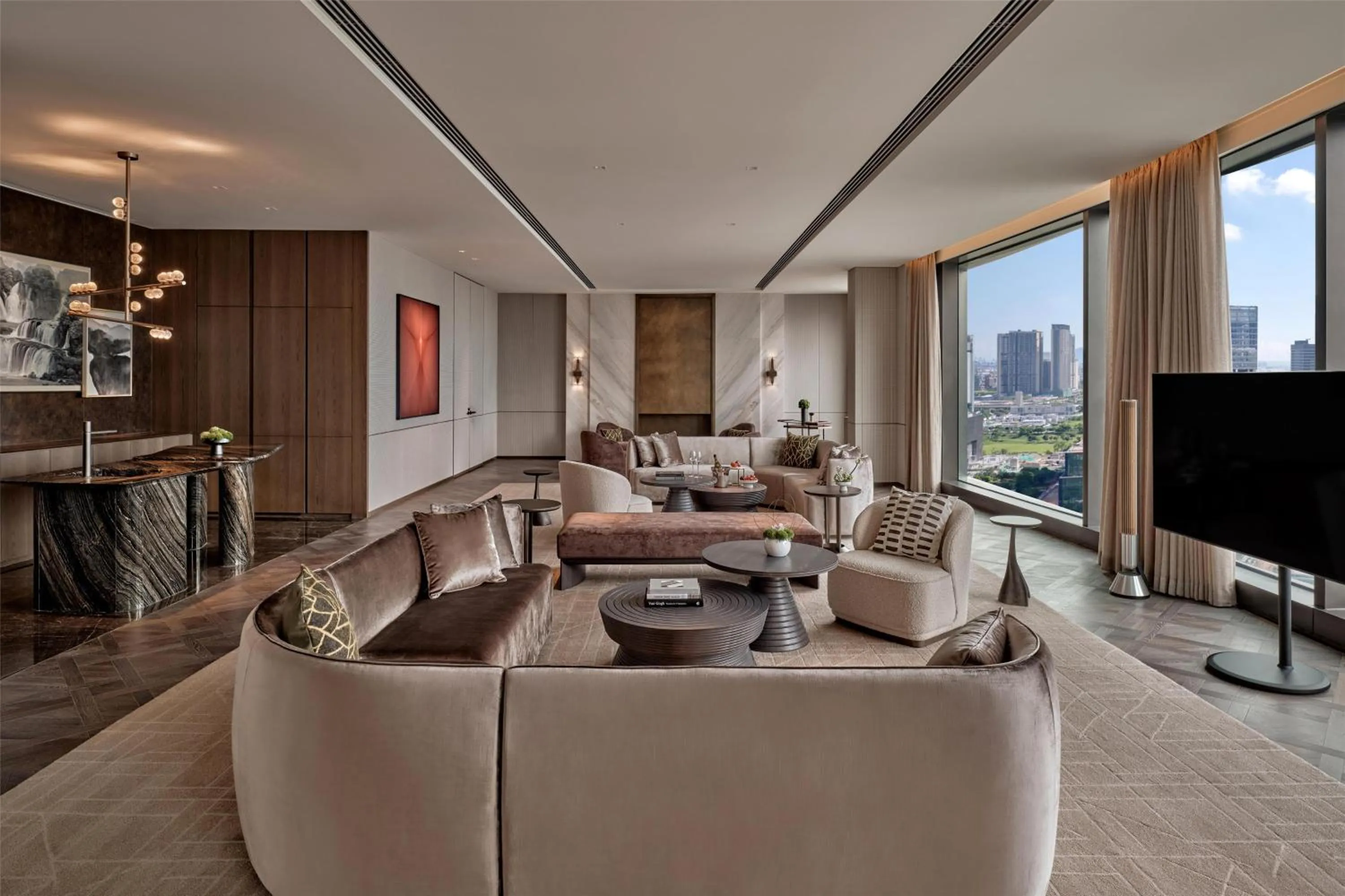 Bedroom in Conrad Shenzhen, the first art museum hotel in Greater Bay Area with the stunning bay and sunset view in the hotel terrace
