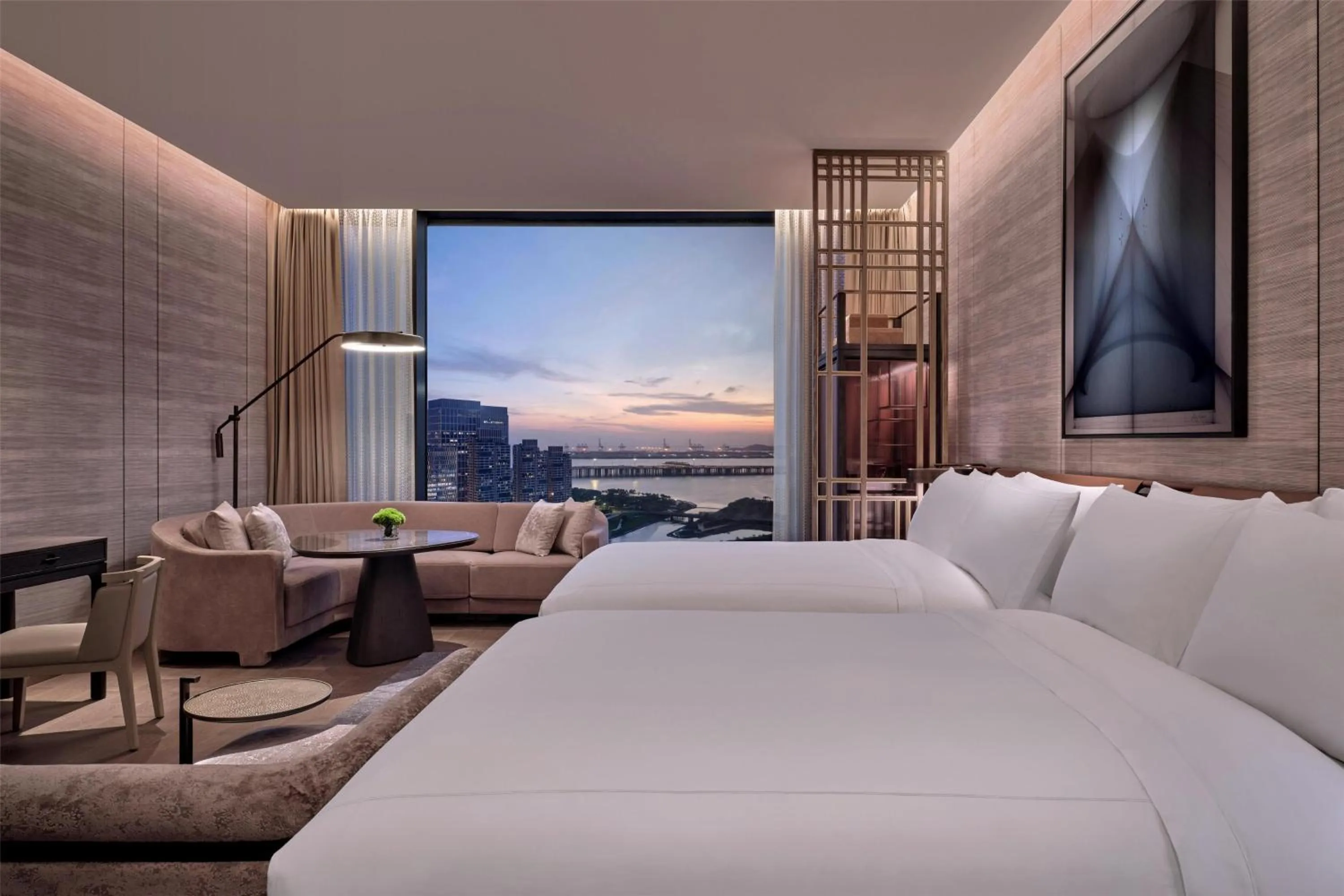 View (from property/room), Bed in Conrad Shenzhen, the first art museum hotel in Greater Bay Area with the stunning bay and sunset view in the hotel terrace