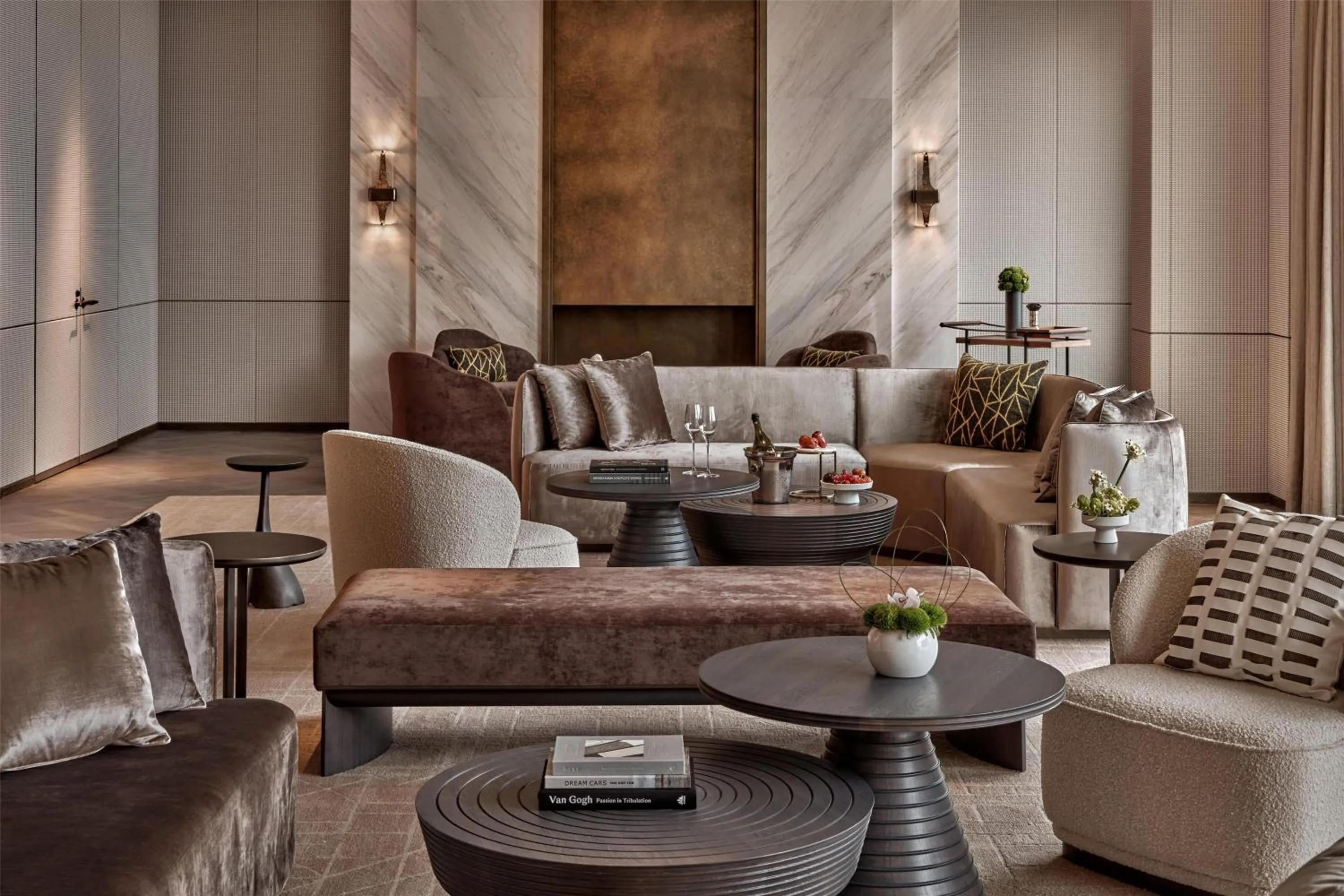 Living room in Conrad Shenzhen, the first art museum hotel in Greater Bay Area with the stunning bay and sunset view in the hotel terrace