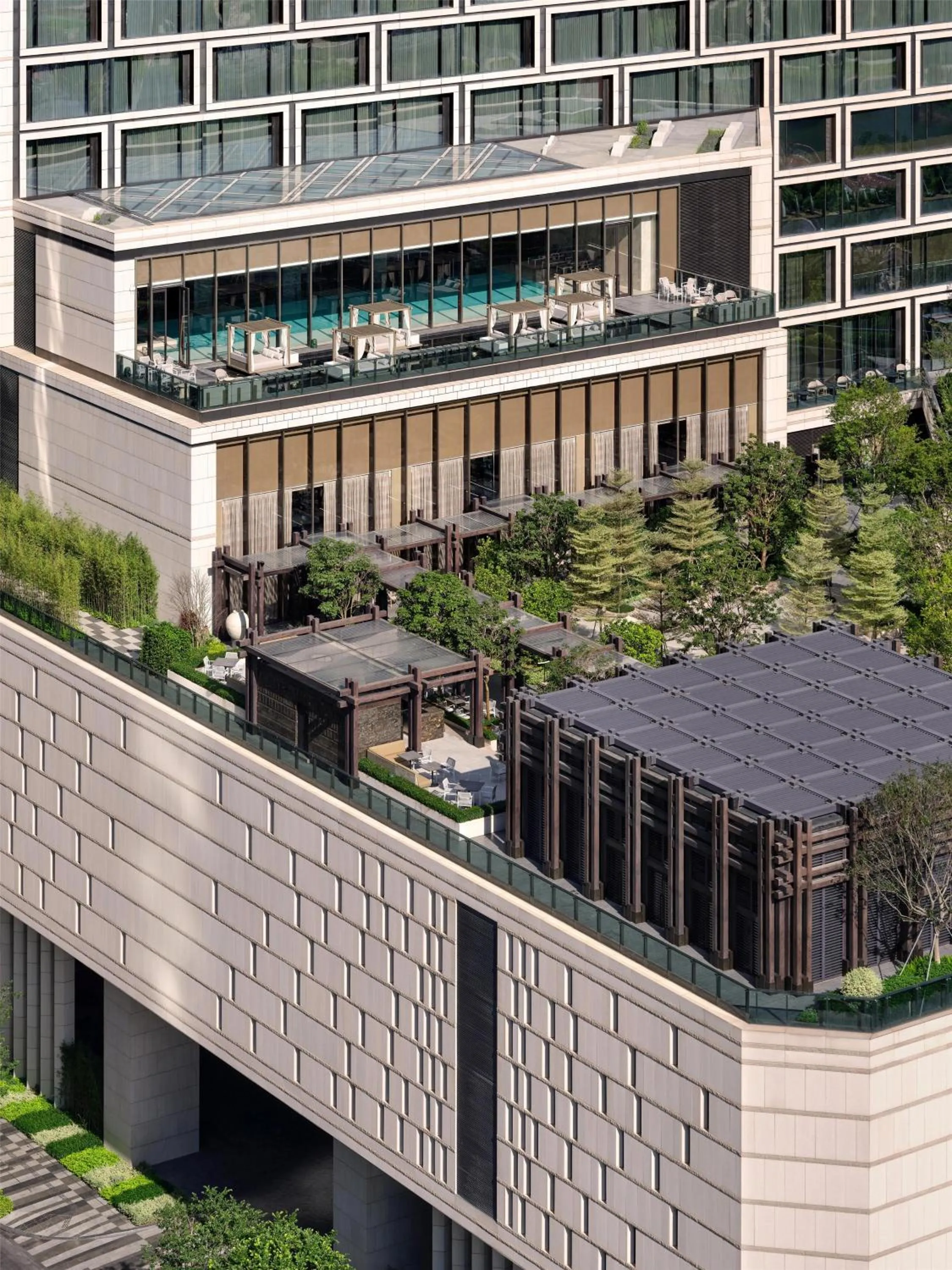 Property building in Conrad Shenzhen, the first art museum hotel in Greater Bay Area with the stunning bay and sunset view in the hotel terrace