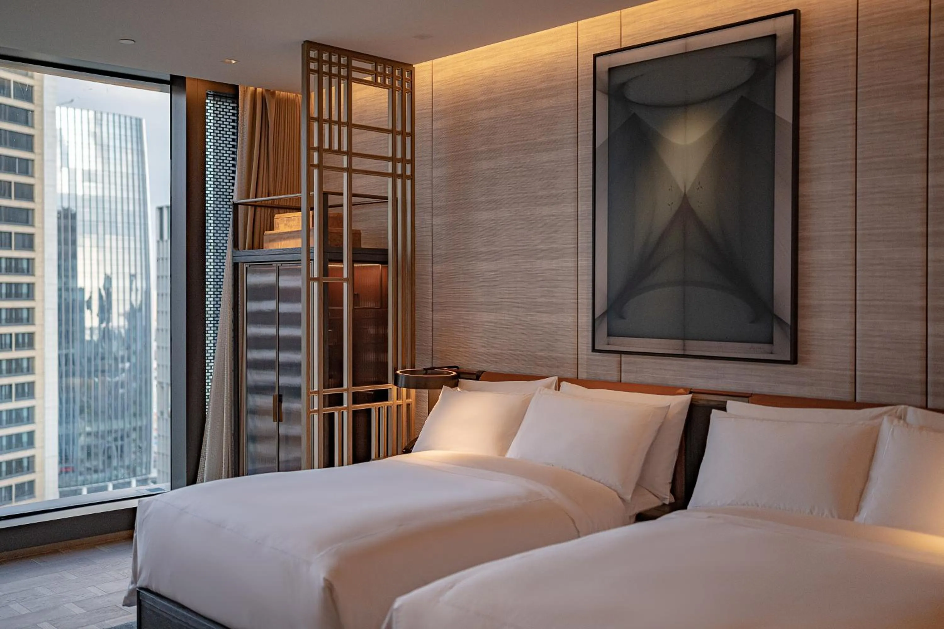 Bedroom, Bed in Conrad Shenzhen, the first art museum hotel in Greater Bay Area with the stunning bay and sunset view in the hotel terrace