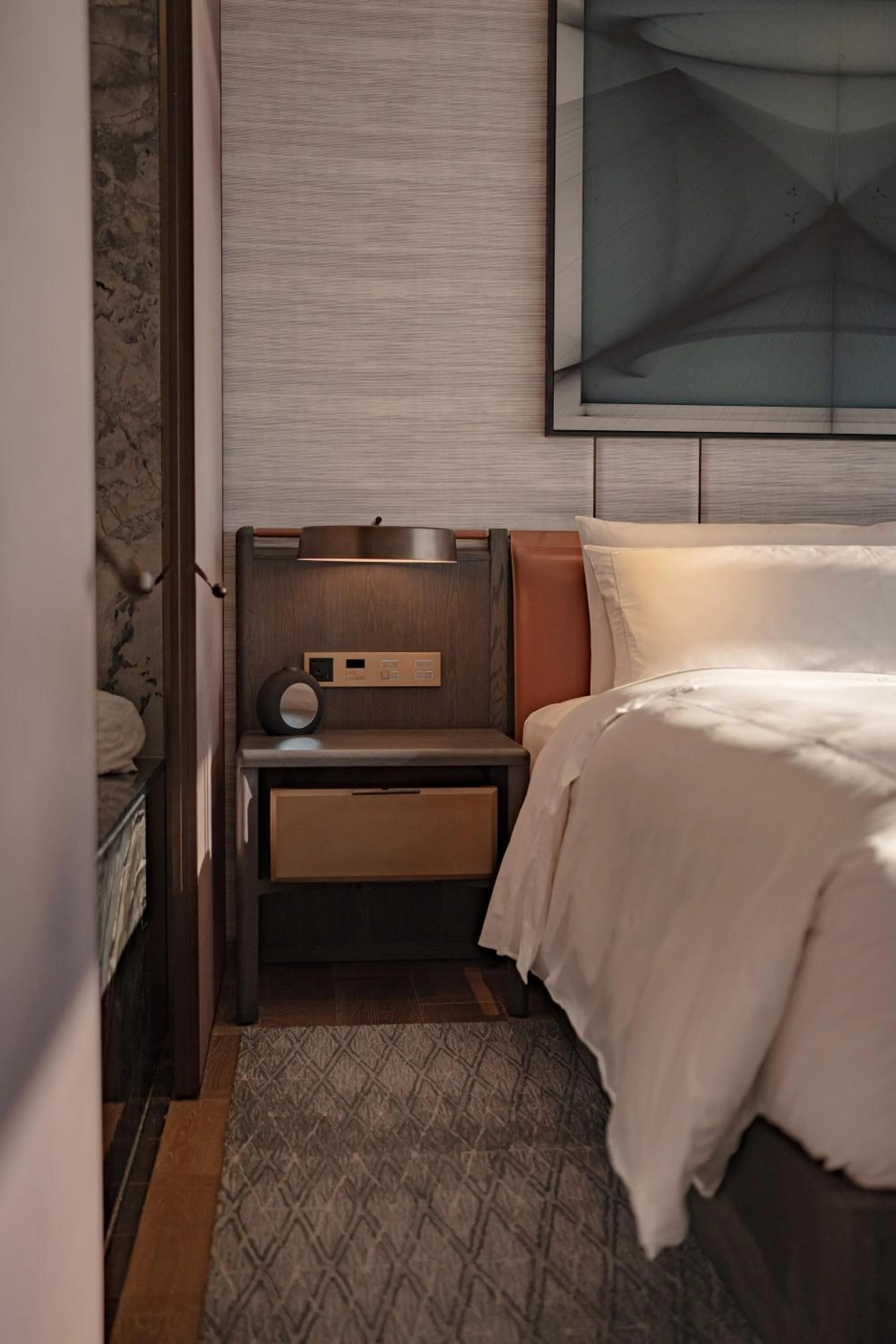 Seating area, Bed in Conrad Shenzhen, the first art museum hotel in Greater Bay Area with the stunning bay and sunset view in the hotel terrace