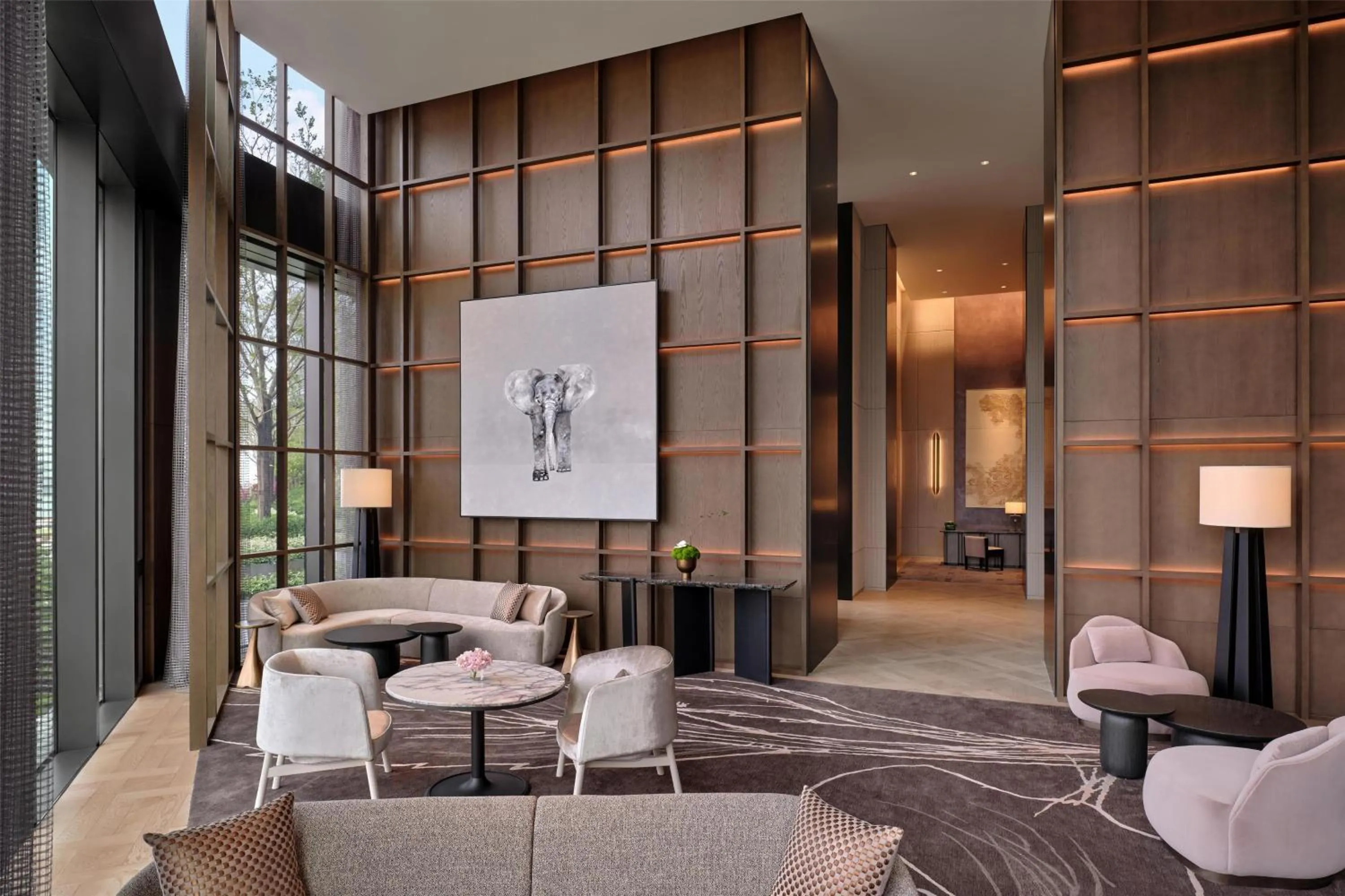 Property building in Conrad Shenzhen, the first art museum hotel in Greater Bay Area with the stunning bay and sunset view in the hotel terrace