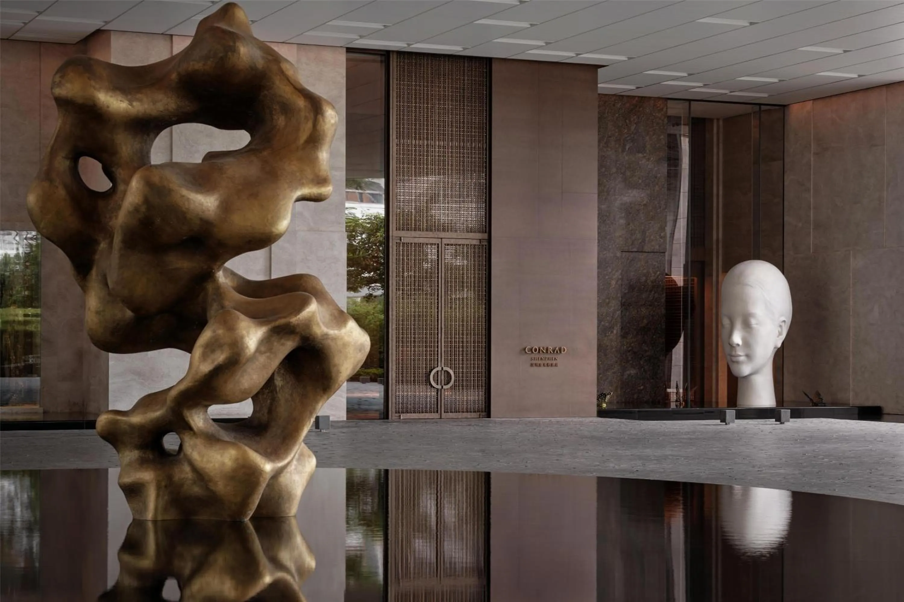 Lobby or reception in Conrad Shenzhen, the first art museum hotel in Greater Bay Area with the stunning bay and sunset view in the hotel terrace