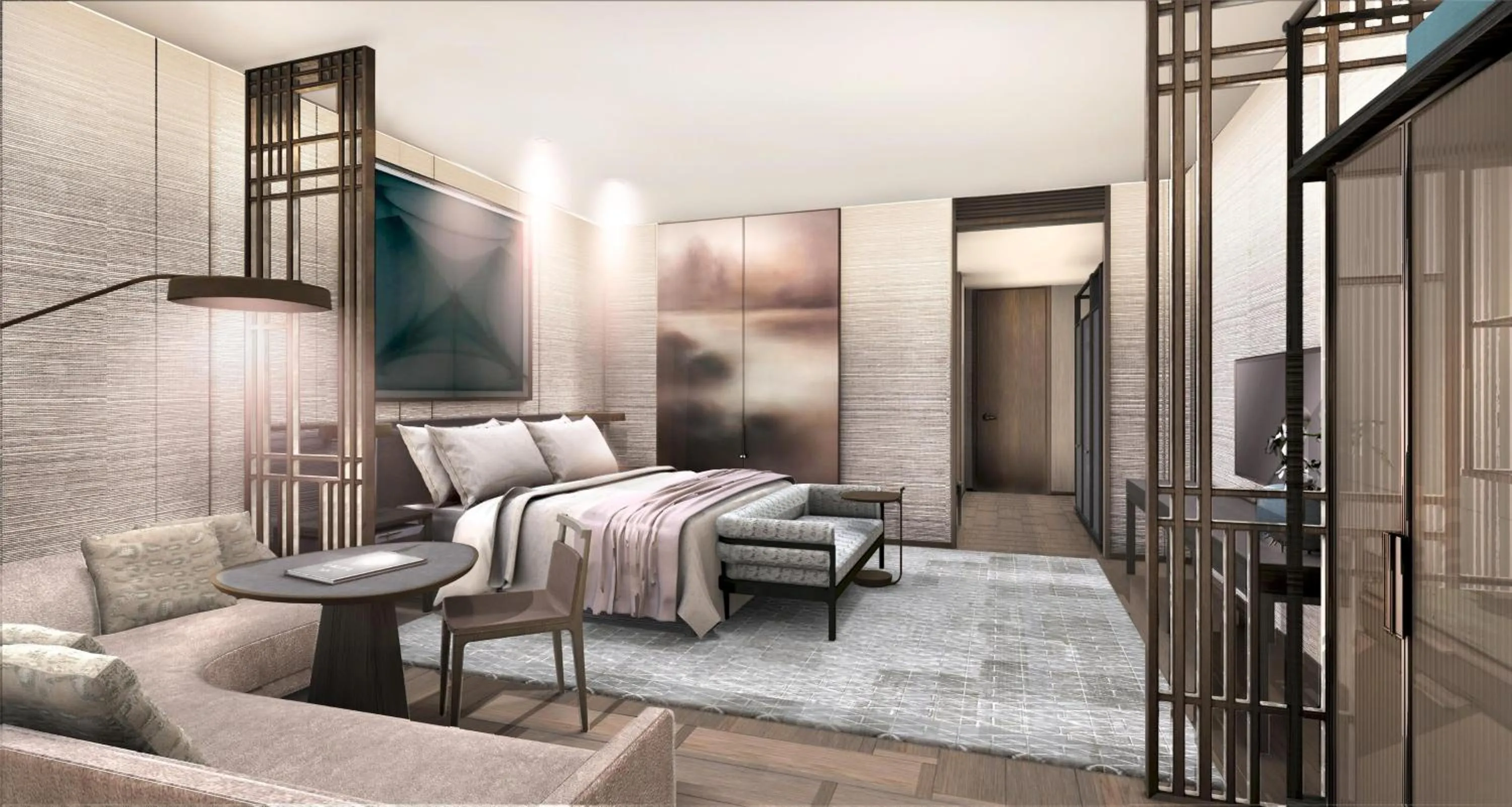 Bedroom in Conrad Shenzhen, the first art museum hotel in Greater Bay Area with the stunning bay and sunset view in the hotel terrace