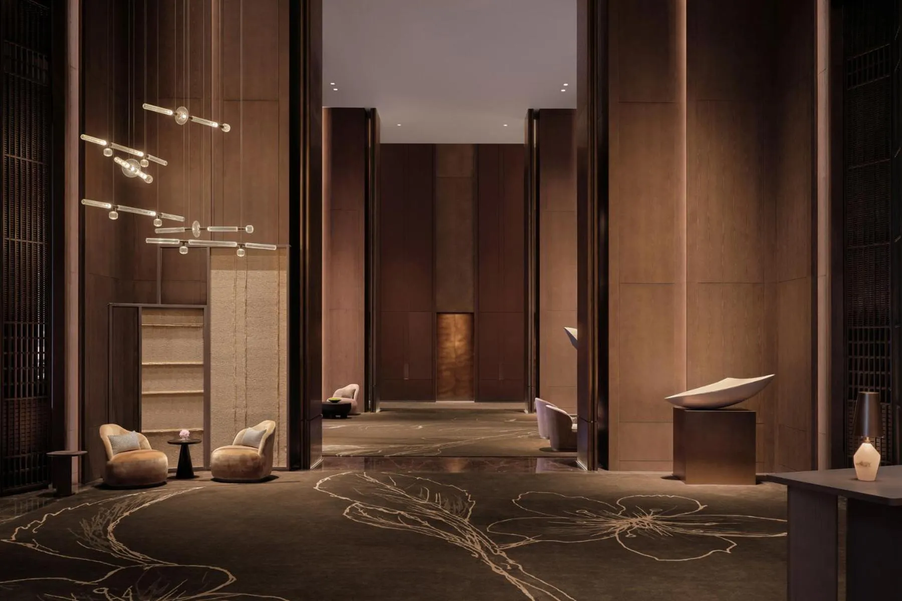 Lobby or reception, Bed in Conrad Shenzhen, the first art museum hotel in Greater Bay Area with the stunning bay and sunset view in the hotel terrace