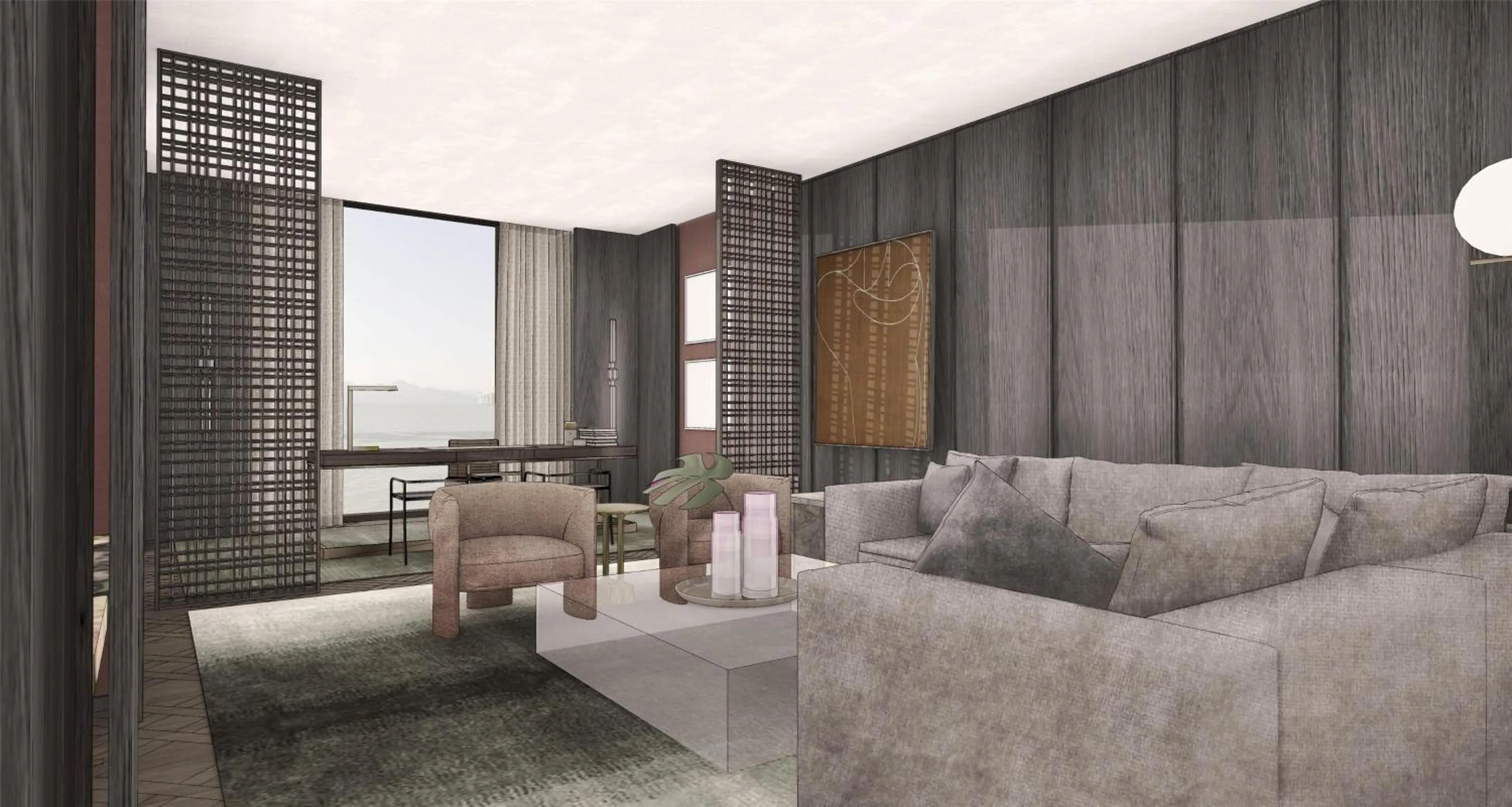 Bedroom in Conrad Shenzhen, the first art museum hotel in Greater Bay Area with the stunning bay and sunset view in the hotel terrace