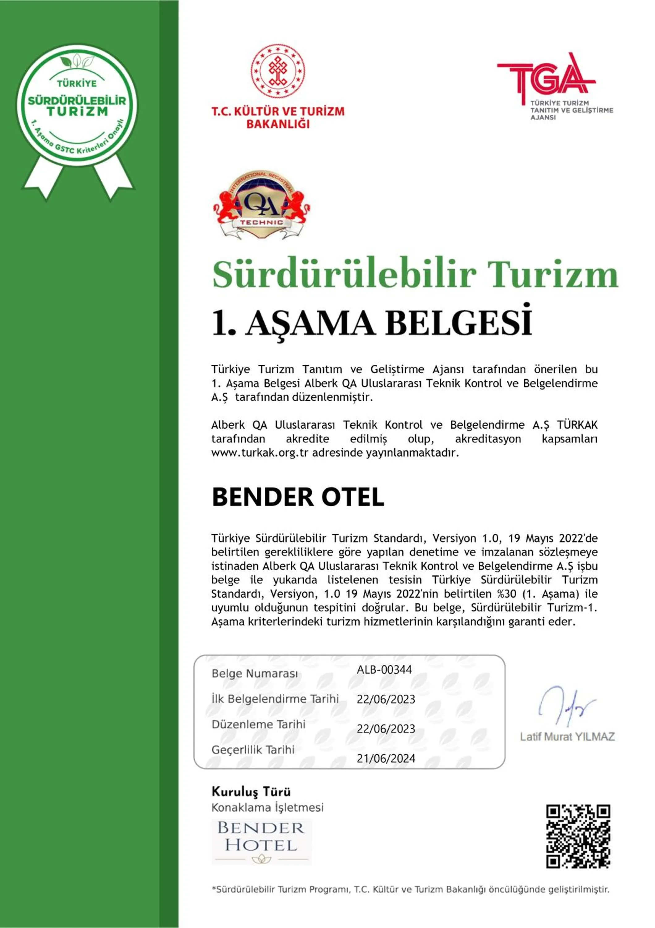 Certificate/Award in Bender Hotel